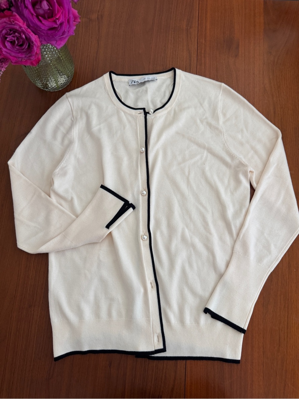 Zara Cream Crewneck Cardigan with Black Trim and Pearl Buttons